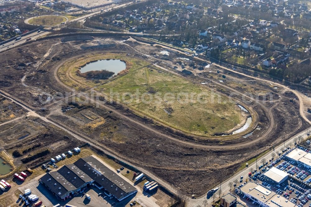 Aerial image Recklinghausen - Development, demolition and renovation work on the site of the former racing track - harness racing track as part of the integrated district development concept (ISEK) Hillerheide in Recklinghausen at Ruhrgebiet in the state of North Rhine-Westphalia, Germany