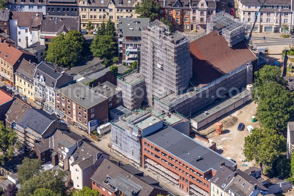 Gelsenkirchen from above - Construction site for renovation and reconstruction work on the church building Heilig-Kreuz-Kirche on Bochumer Strasse in the district Ueckendorf in Gelsenkirchen in the state North Rhine-Westphalia, Germany