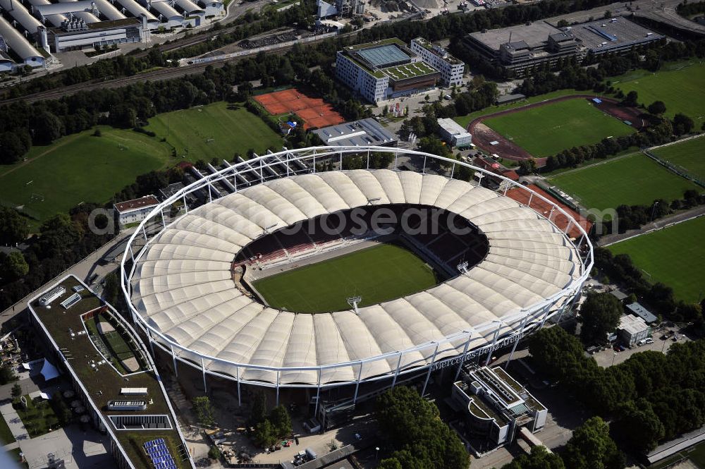 Aerial image Stuttgart - Blick auf die Umbauarbeiten am Stadion Stuttgart( Mercedes-Benz-Arena) zu einem reinen Fußballstadion. Während des Umbaus, Bauherr ist die Stadion NeckarPark GmbH & Co. KG, wird sich die Kapazität auf 39.000 Plätze reduzieren, die Kosten des Projekts belaufen sich auf rund 60 Millionen Euro. Für zusätzliche 13,15 Millionen Euro wird außerdem unter der Untertürkheimer Kurve eine Sporthalle entstehen. Ausführende Firma ist die BAM Deutschland AG. View of the reconstruction of the stadium Stuttgart (Mercedes-Benz-Arena) to a football-only stadium.