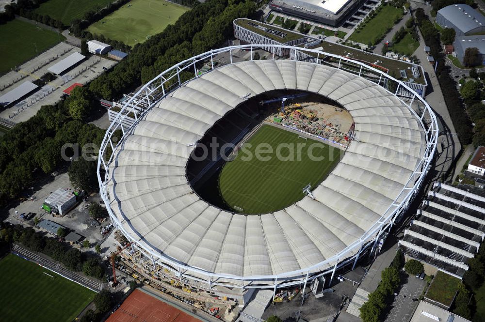 Aerial image Stuttgart - Blick auf die Umbauarbeiten am Stadion Stuttgart( Mercedes-Benz-Arena) zu einem reinen Fußballstadion. Während des Umbaus, Bauherr ist die Stadion NeckarPark GmbH & Co. KG, wird sich die Kapazität auf 39.000 Plätze reduzieren, die Kosten des Projekts belaufen sich auf rund 60 Millionen Euro. Für zusätzliche 13,15 Millionen Euro wird außerdem unter der Untertürkheimer Kurve eine Sporthalle entstehen. Ausführende Firma ist die BAM Deutschland AG. View of the reconstruction of the stadium Stuttgart (Mercedes-Benz-Arena) to a football-only stadium.