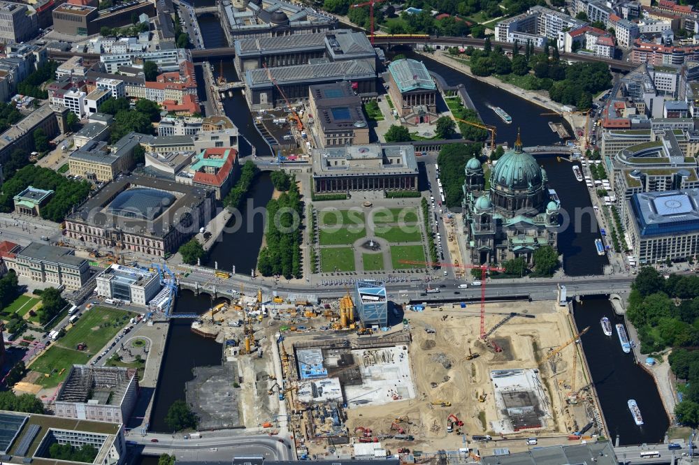 Berlin from above - View of the construction site for the new building the largest and most important cultural construction of the Federal Republic, the building of the Humboldt Forum in the form of the Berlin Palace