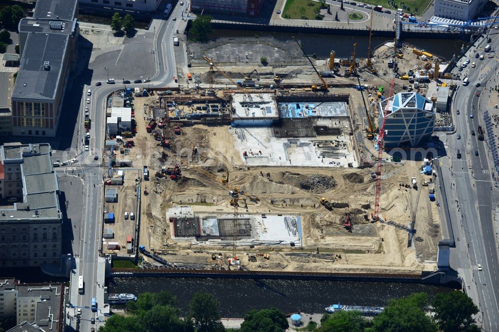 Berlin from above - View of the construction site for the new building the largest and most important cultural construction of the Federal Republic, the building of the Humboldt Forum in the form of the Berlin Palace