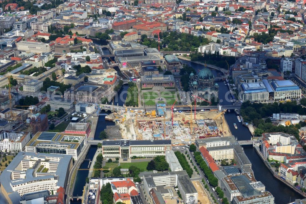 Berlin from above - View of the construction site for the new building the largest and most important cultural construction of the Federal Republic, the building of the Humboldt Forum in the form of the Berlin Palace