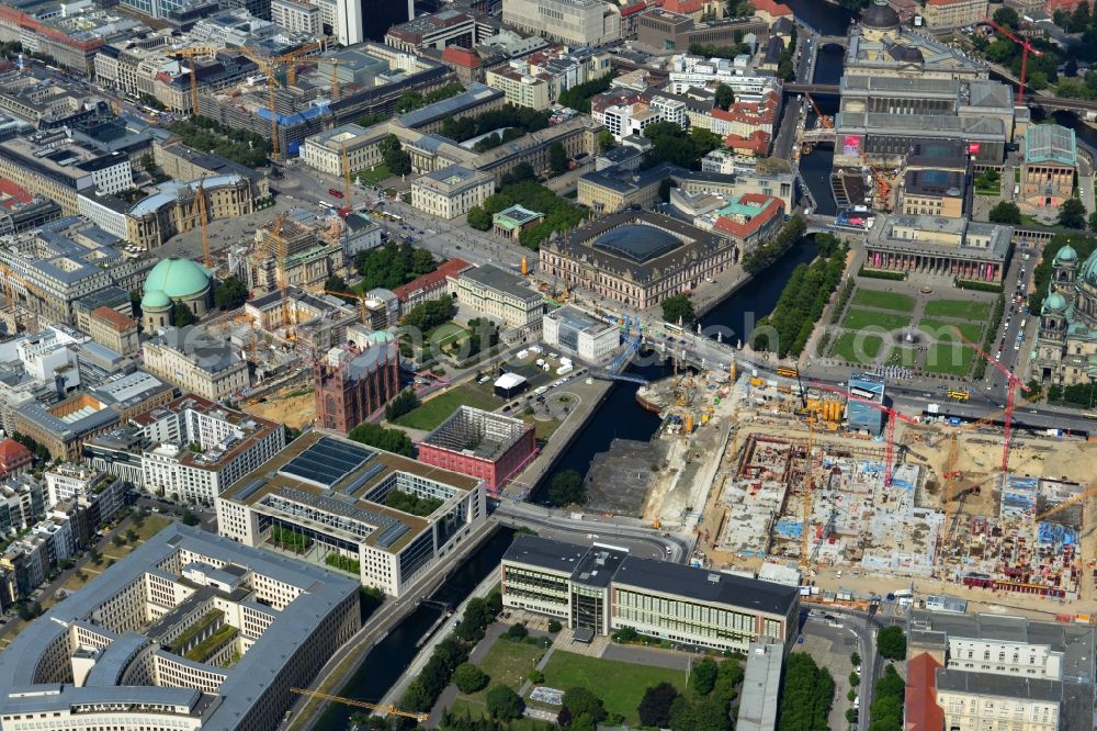 Berlin from above - View of the construction site for the new building the largest and most important cultural construction of the Federal Republic, the building of the Humboldt Forum in the form of the Berlin Palace