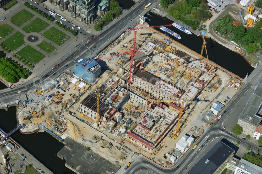 Berlin from above - View of the construction site for the new building the largest and most important cultural construction of the Federal Republic, the building of the Humboldt Forum in the form of the Berlin Palace