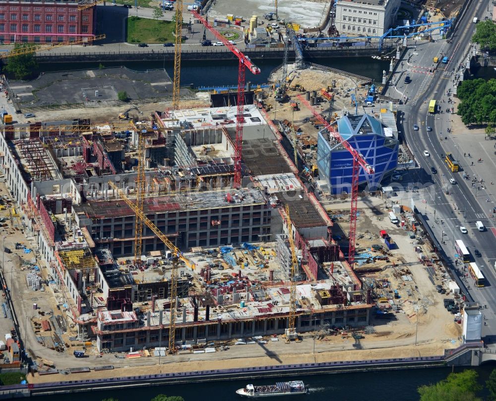 Berlin from above - View of the construction site for the new building the largest and most important cultural construction of the Federal Republic, the building of the Humboldt Forum in the form of the Berlin Palace