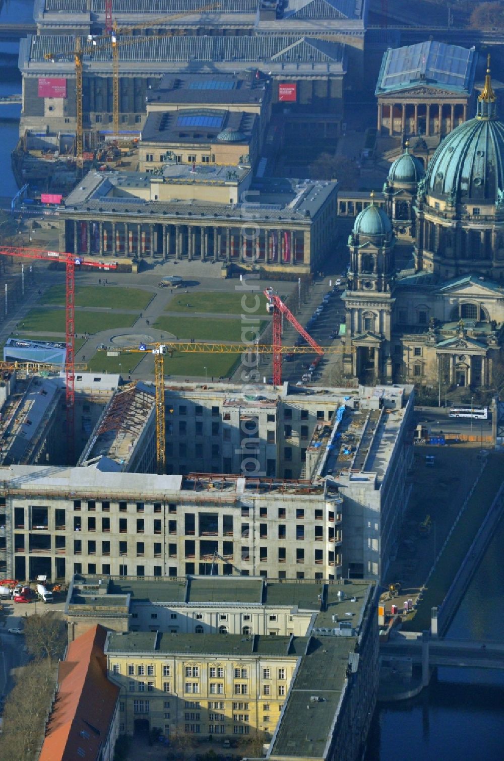 Berlin from above - View of the construction site for the new building the largest and most important cultural construction of the Federal Republic, the building of the Humboldt Forum in the form of the Berlin Palace