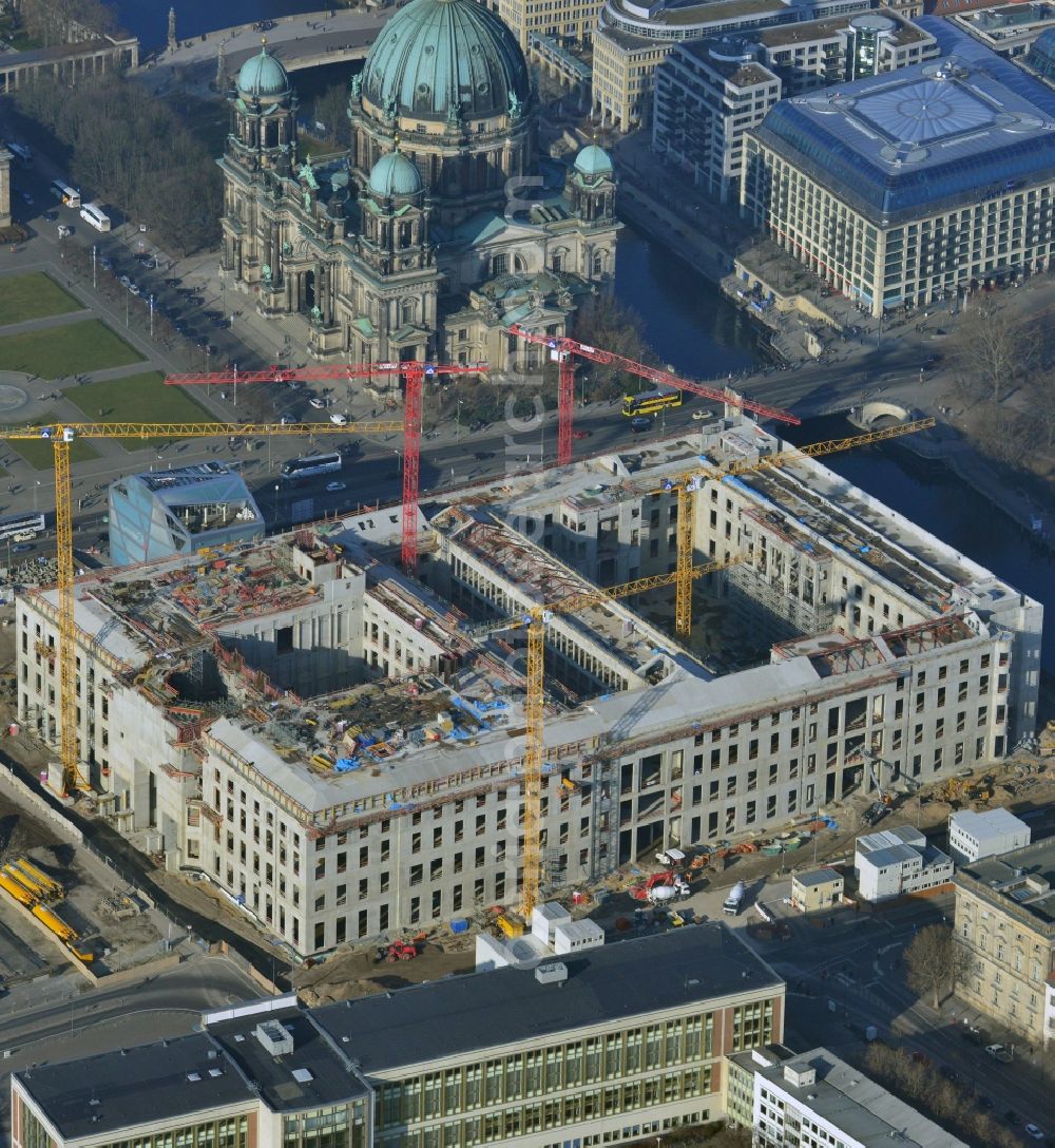 Berlin from above - View of the construction site for the new building the largest and most important cultural construction of the Federal Republic, the building of the Humboldt Forum in the form of the Berlin Palace