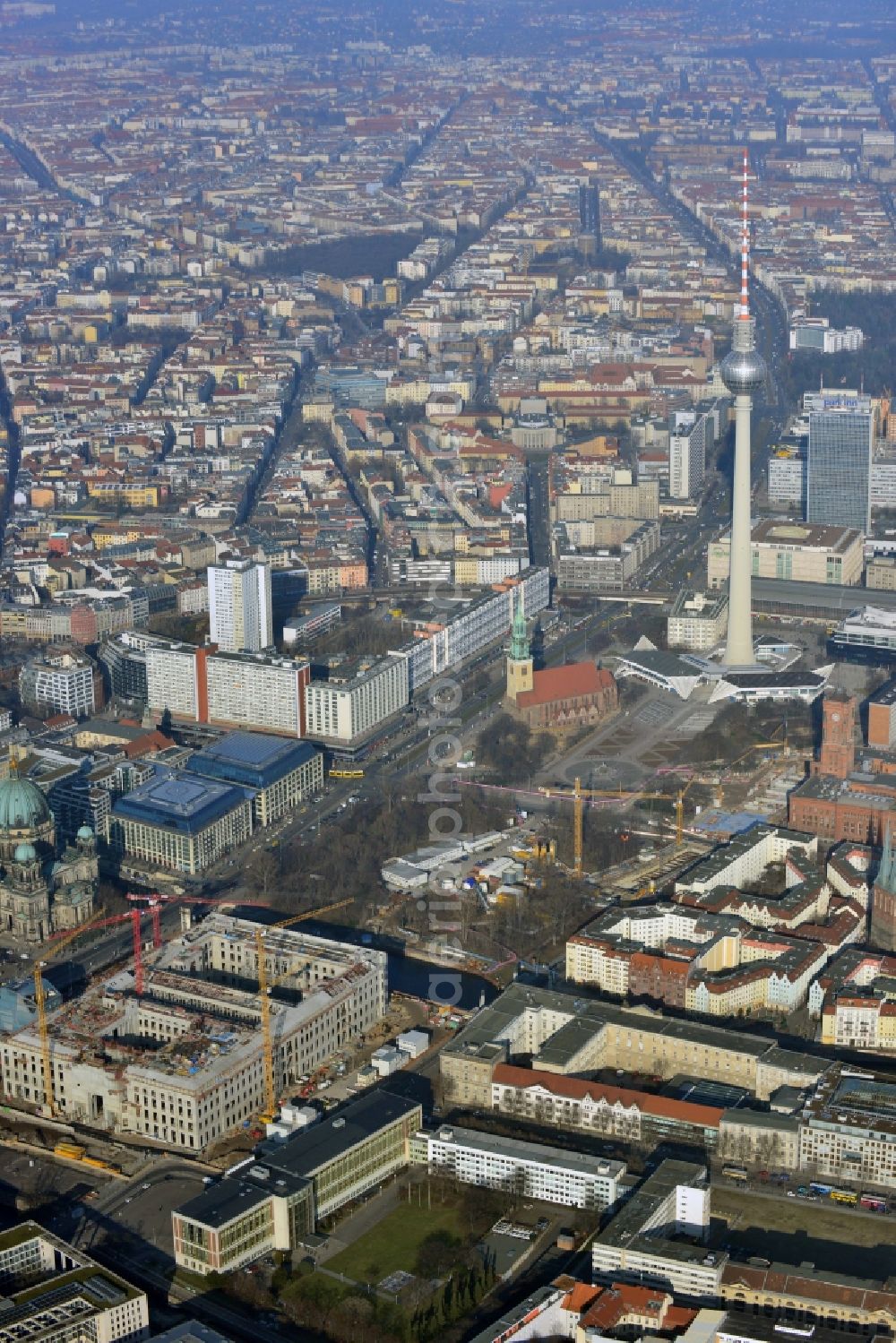 Berlin from above - View of the construction site for the new building the largest and most important cultural construction of the Federal Republic, the building of the Humboldt Forum in the form of the Berlin Palace