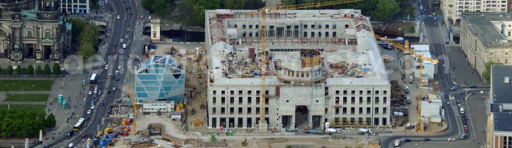 Berlin from above - View of the construction site for the new building the largest and most important cultural construction of the Federal Republic, the building of the Humboldt Forum in the form of the Berlin Palace