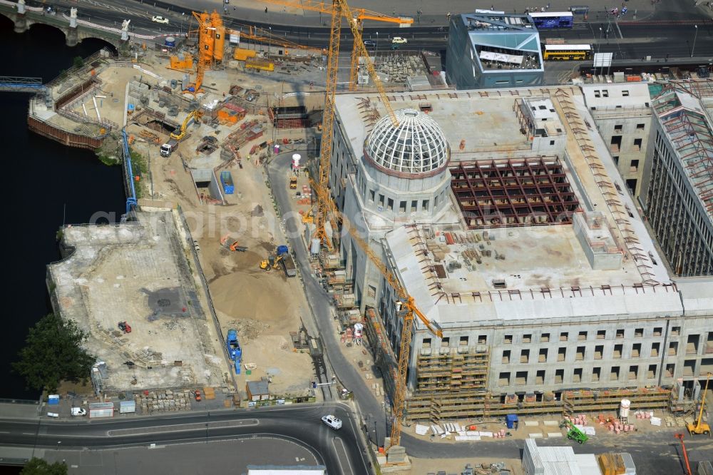 Berlin from above - View of the construction site for the new building the largest and most important cultural construction of the Federal Republic, the building of the Humboldt Forum in the form of the Berlin Palace