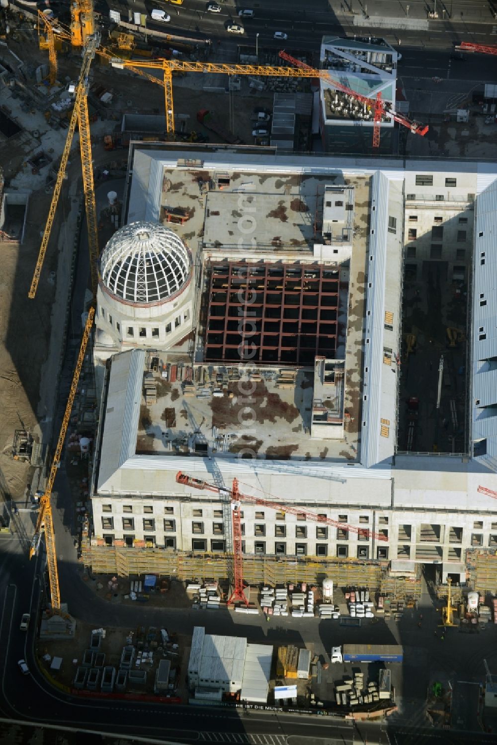 Berlin from above - View of the construction site for the new building the largest and most important cultural construction of the Federal Republic, the building of the Humboldt Forum in the form of the Berlin Palace