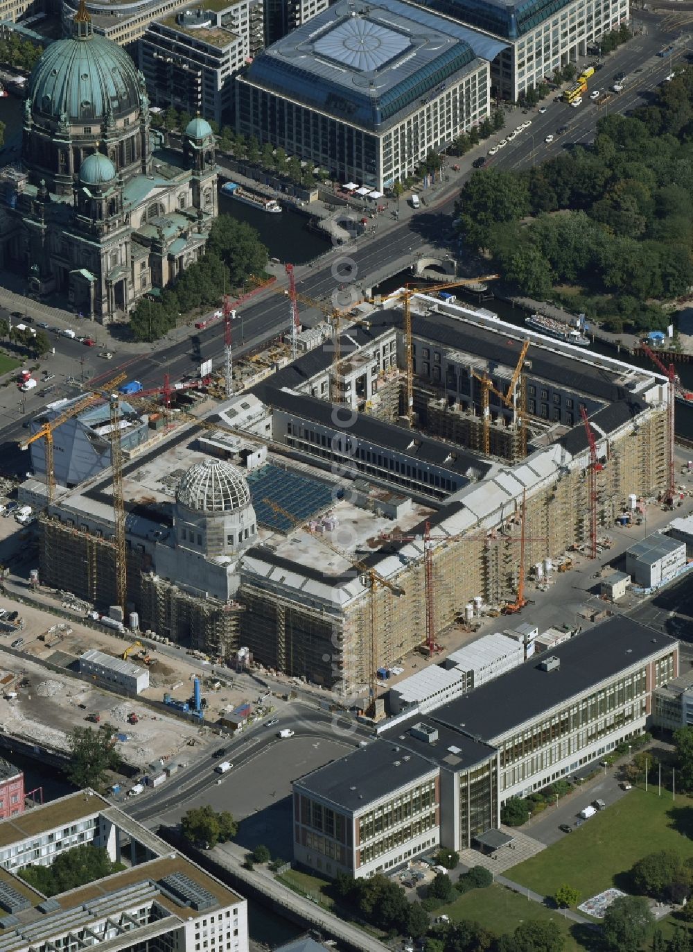 Berlin from above - View of the construction site for the new building the largest and most important cultural construction of the Federal Republic, the building of the Humboldt Forum in the form of the Berlin Palace