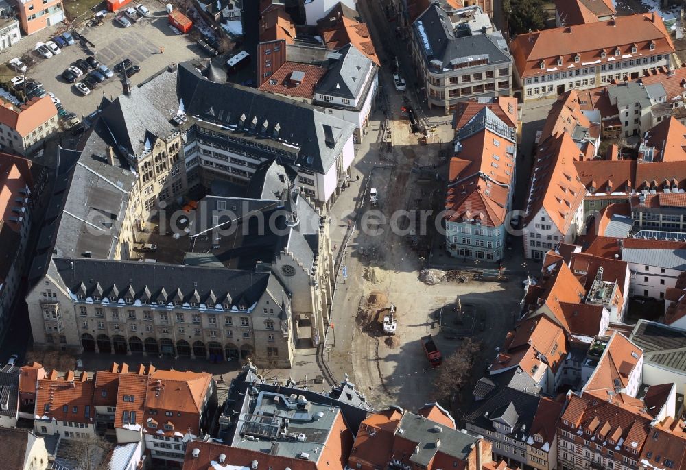 Erfurt from the bird's eye view: Transformation of the street in front of the historic town hall of the city of Erfurt in Thuringia