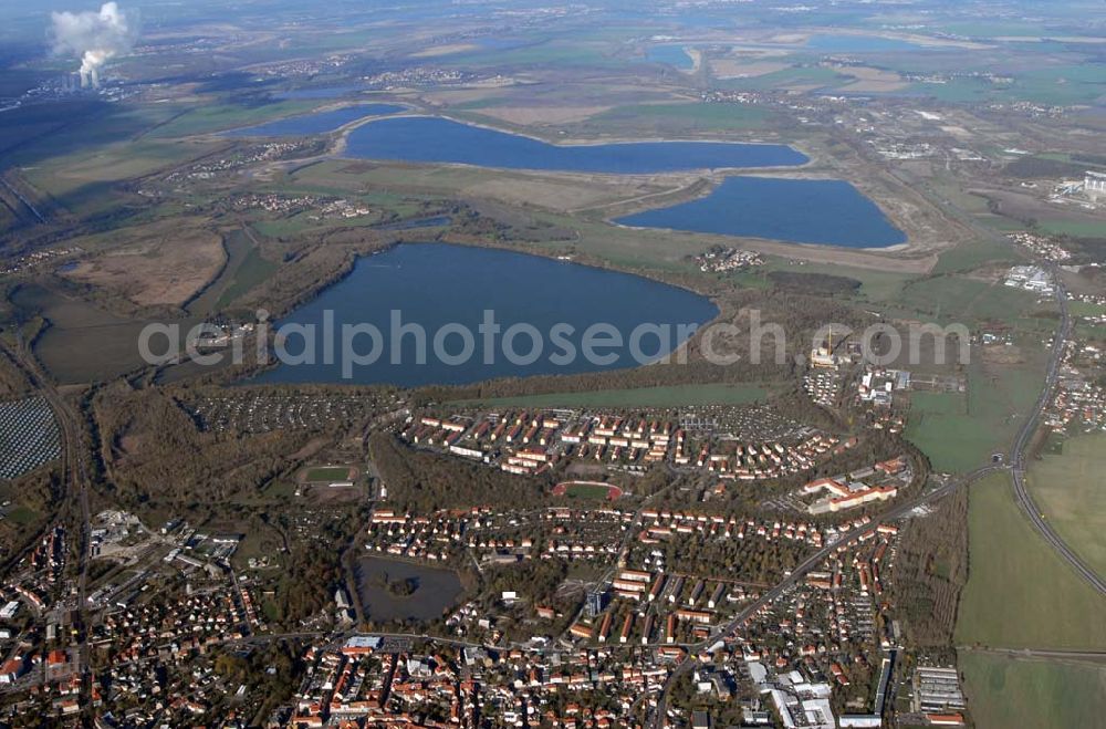 Aerial image Borna - Blick auf das Umland nordlich von Borna und Borna Nord: Speicherbecken, den Haubitzer See mit dem davor liegenden Haubitz und den Hainer See sowie die Orte Eula und Kesselshain.