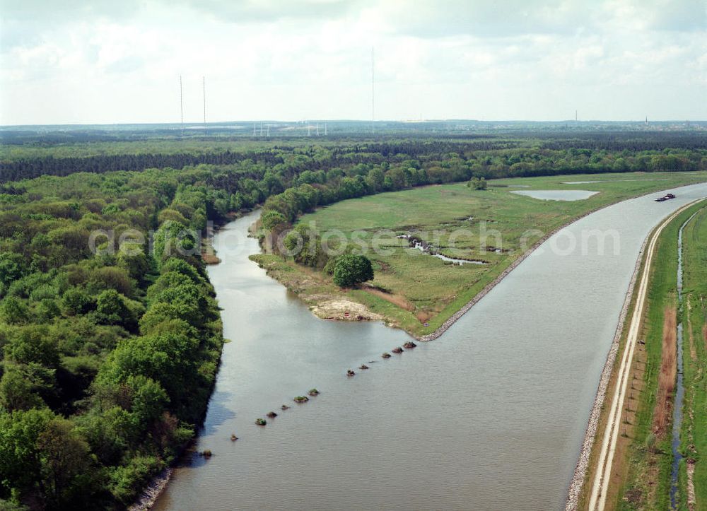 Burg / Sachsen-Anhalt from the bird's eye view: Umleitung des Elbe-Havel-Kanales nordöstlich von Burg im Rahmen von Ausgleichs- und Ersatzmaßnahmen am Wasserstraßenkreuz Magdeburg / Elbe-Havel-Kanal. Ein Projekt des Wasserstraßenneubauamtes Magdeburg