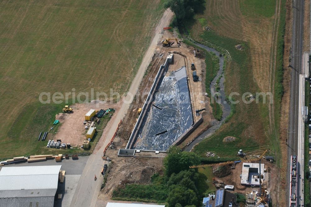 Schopfheim from above - Renaturation of the canalised Schlierbach and construction of a settling basin in Schopfheim in the state Baden-Wurttemberg, Germany