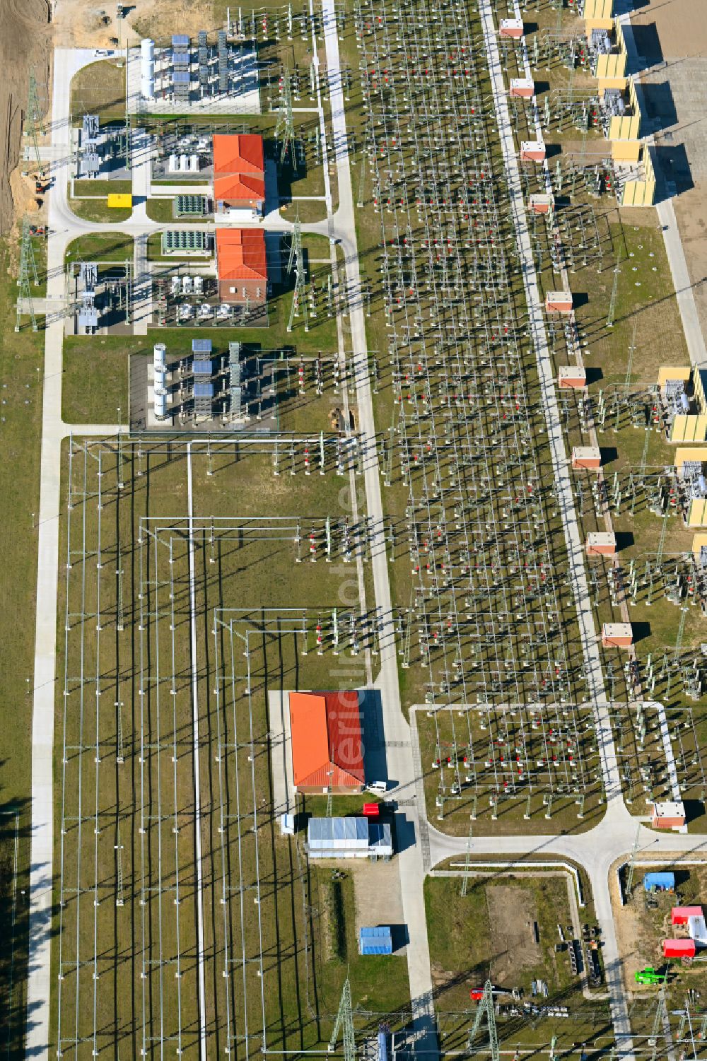 Rubenow from above - Site of the substation for voltage conversion and electrical power supply Umspannwerk Lubmin in Rubenow in the state Mecklenburg - Western Pomerania, Germany