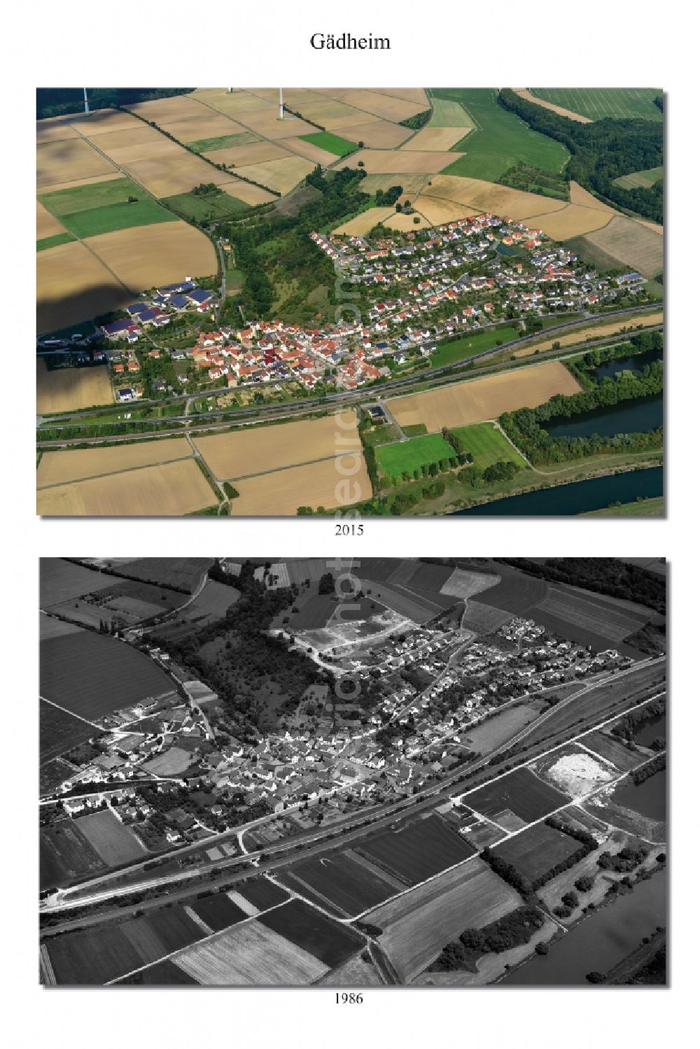 Aerial image Gädheim - 1986 and 2015 village - view change of Gaedheim in the state Bavaria