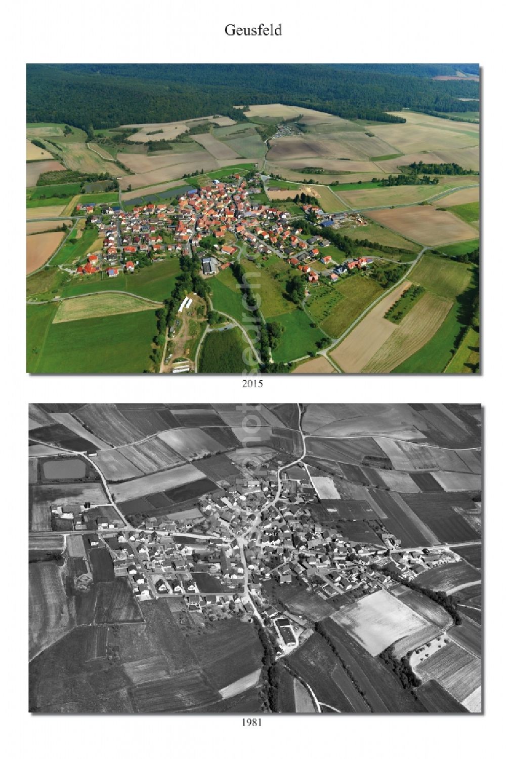 Geusfeld from the bird's eye view: 1981 and 2015 village - view change of Geusfeld in the state Bavaria