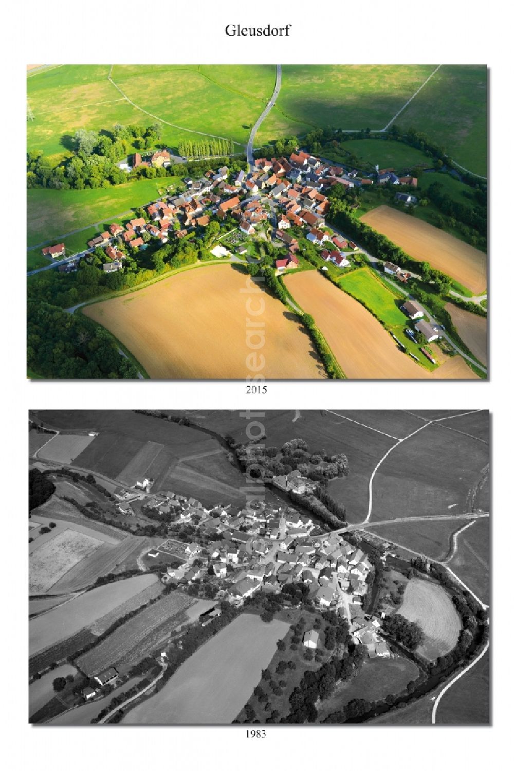 Aerial photograph Gleusdorf - 1983 and 2015 village - view change of Gleusdorf in the state Bavaria