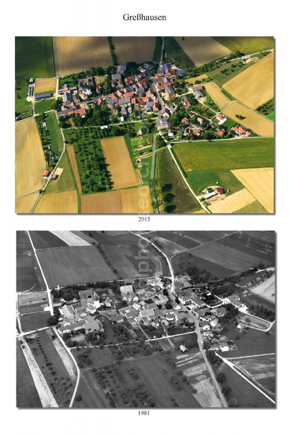 Greßhausen from the bird's eye view: 1981 and 2015 village - view change of Gresshausen in the state Bavaria