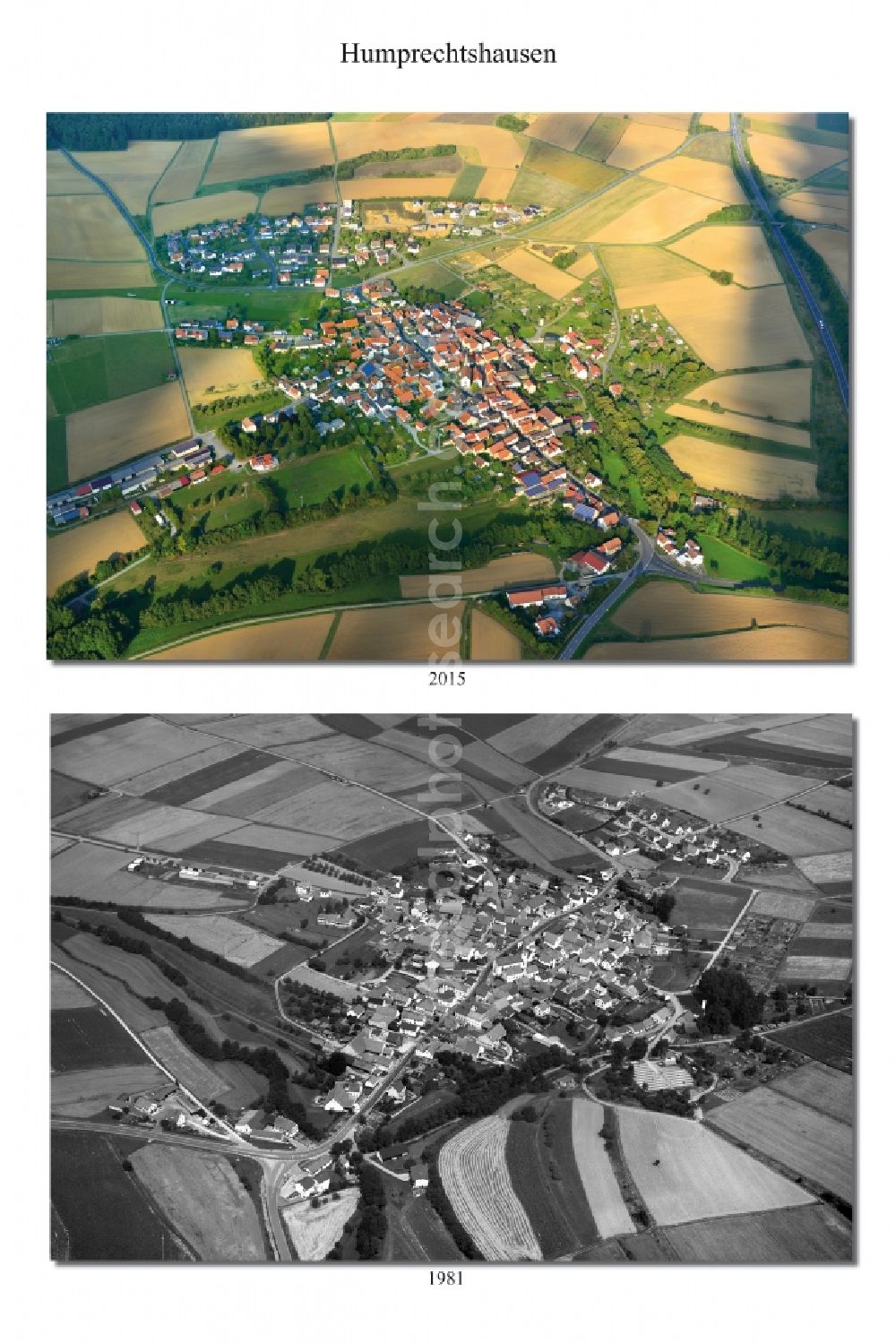 Aerial photograph Humprechtshausen - 1981 and 2015 village - view change of Humprechtshausen in the state Bavaria