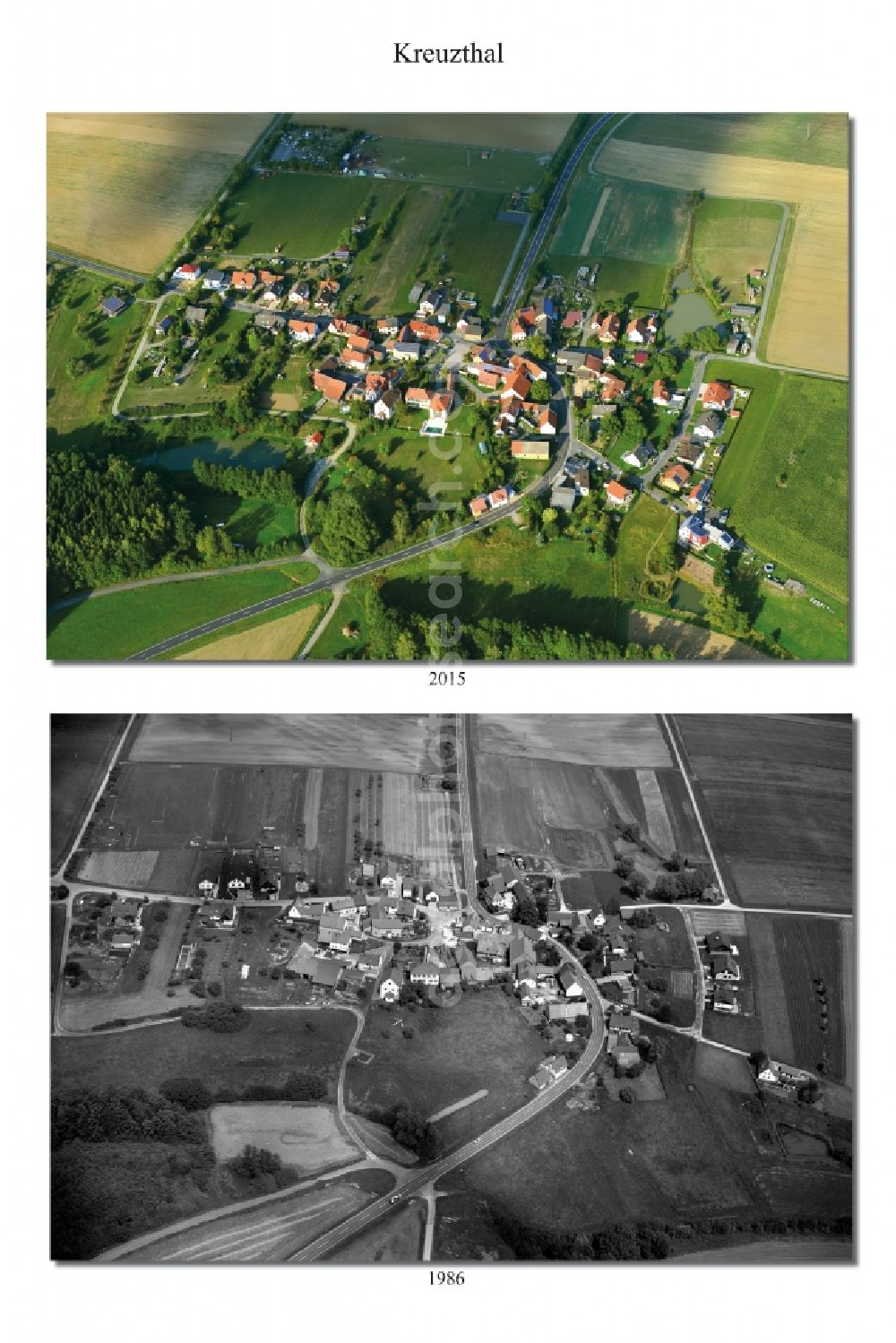 Kreuzthal from the bird's eye view: 1981 and 2015 village - view change in Kreuzthal in the state Bavaria