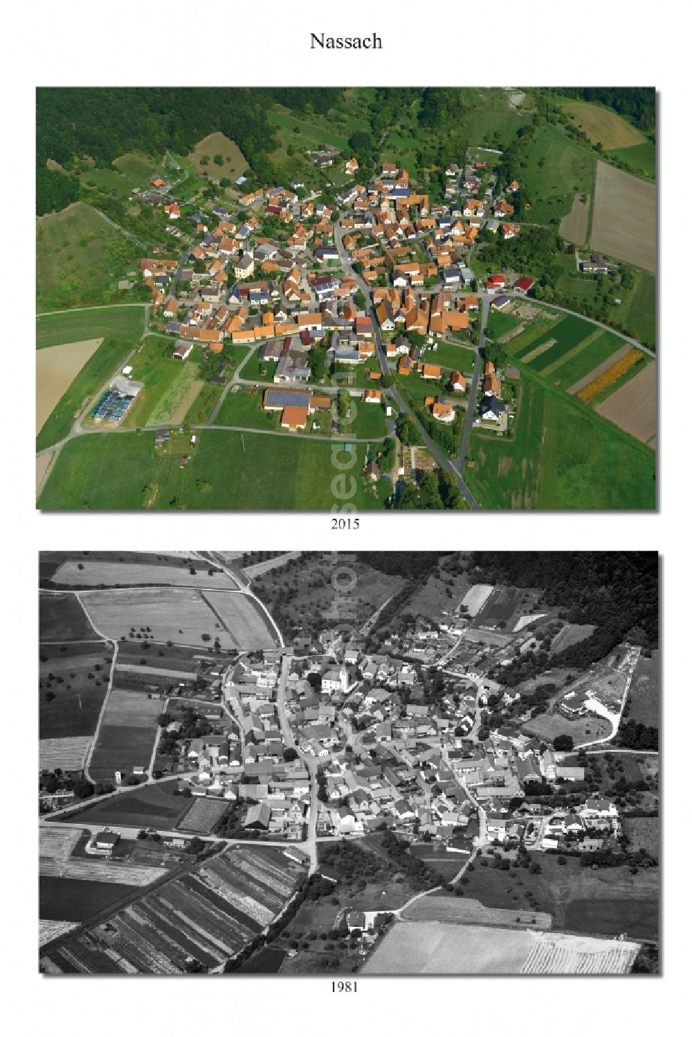 Aerial photograph Nassach - 1981 and 2015 village - view change of Nassach in the state Bavaria