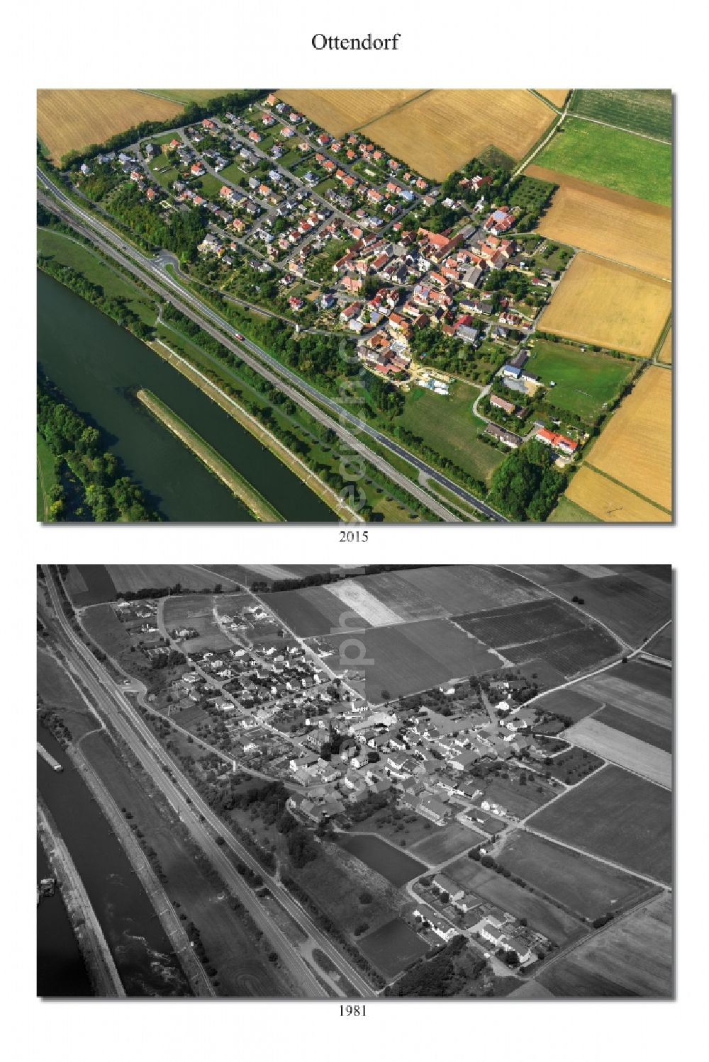 Ottendorf from above - 1981 and 2015 village - view change of Ottendorf in the state Bavaria