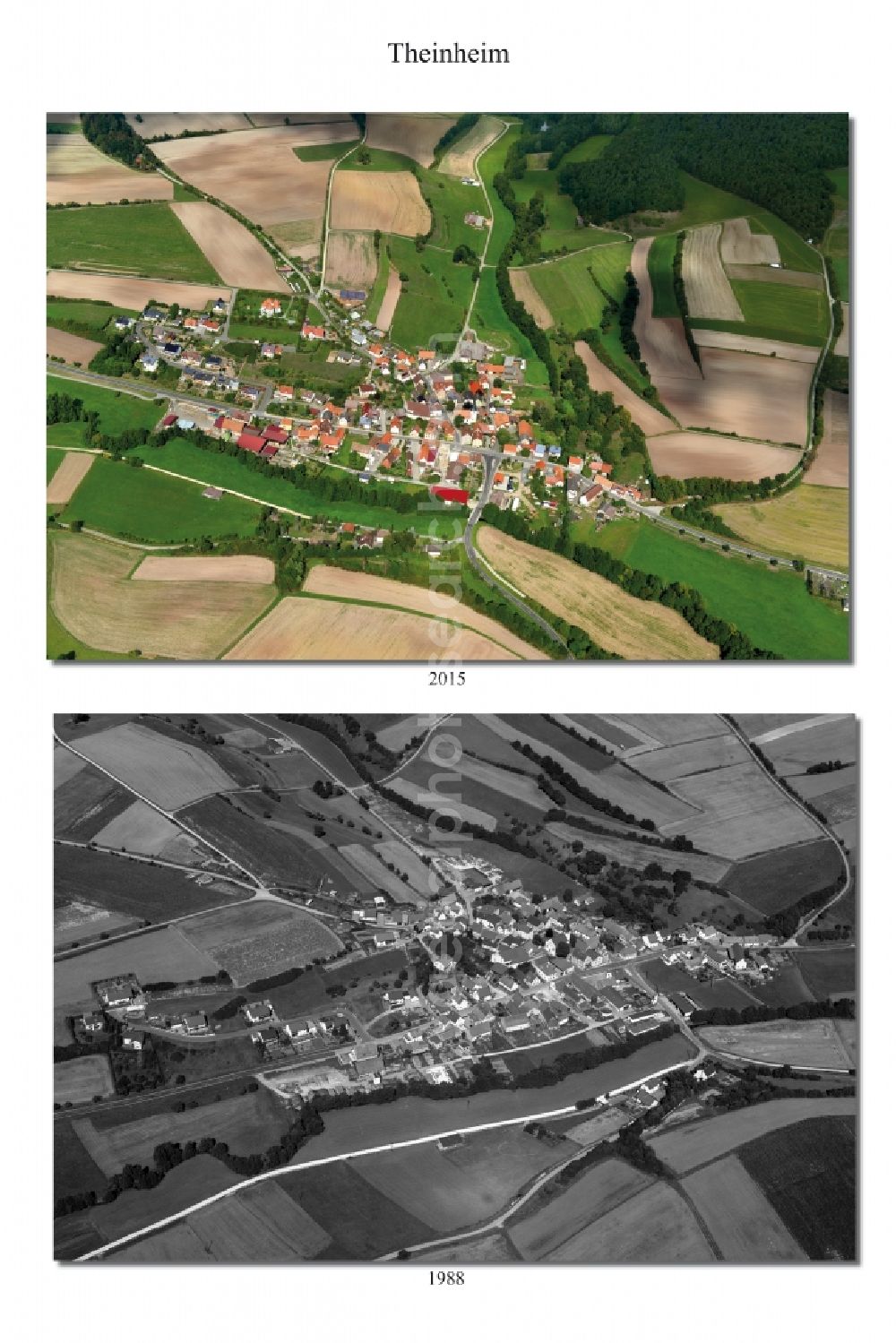 Theinheim from the bird's eye view: 1988 and 2015 village - view change in Theinheim in the state Bavaria