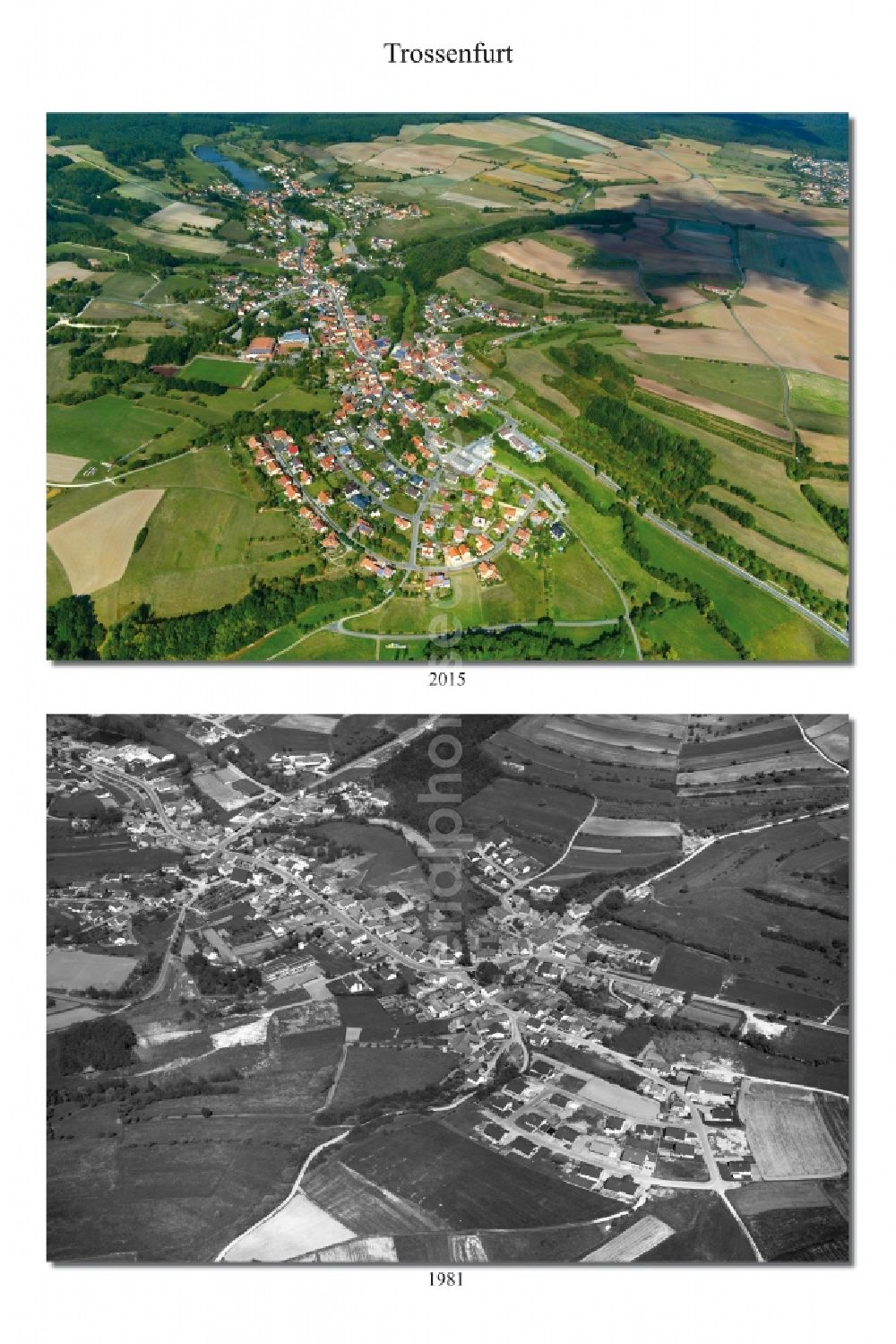 Aerial photograph Trossenfurt - 1981 and 2015 village - view change in Trossenfurt in the state Bavaria