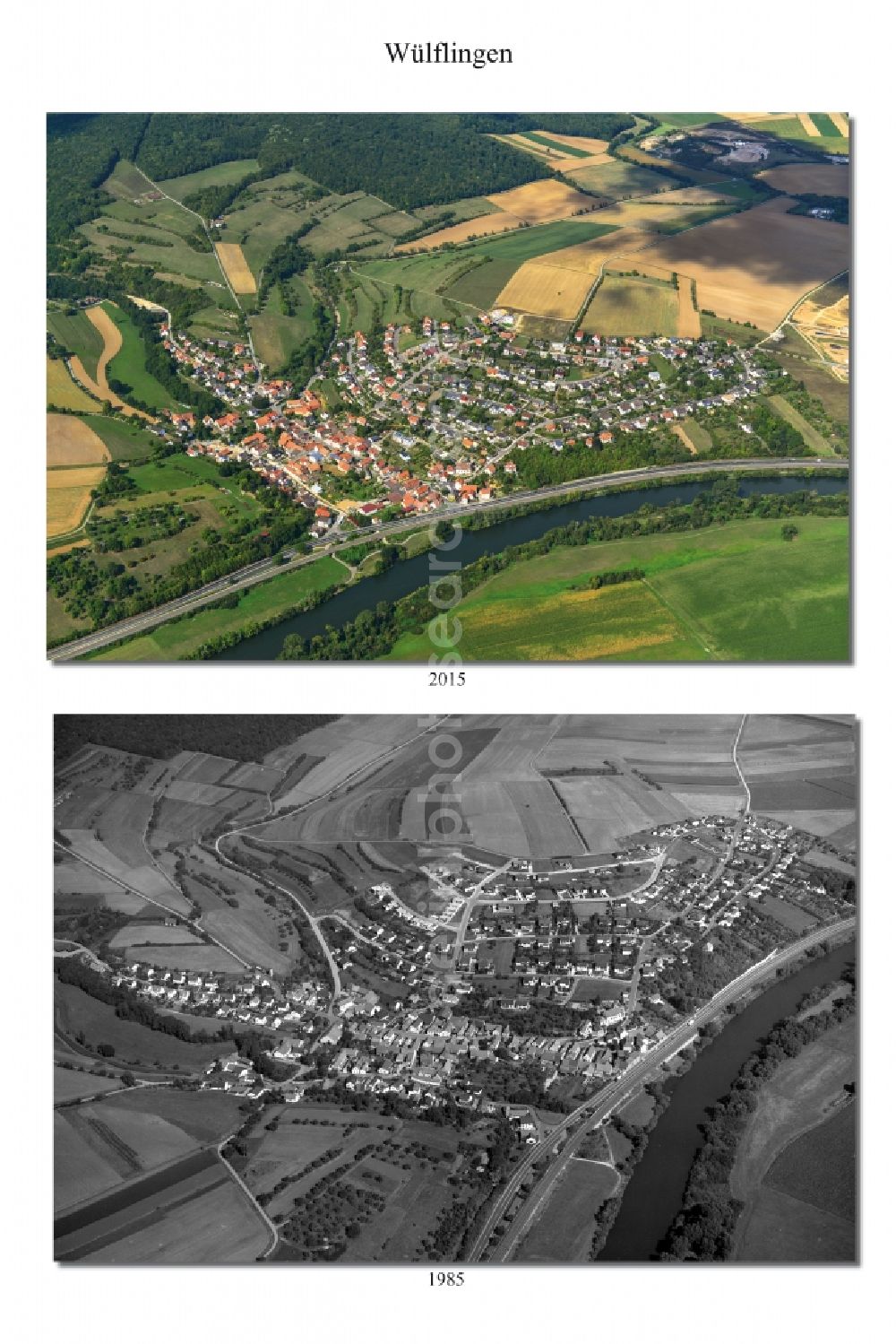 Wülflingen from above - 1985 and 2015 village - view change of Wuelflingen in the state Bavaria