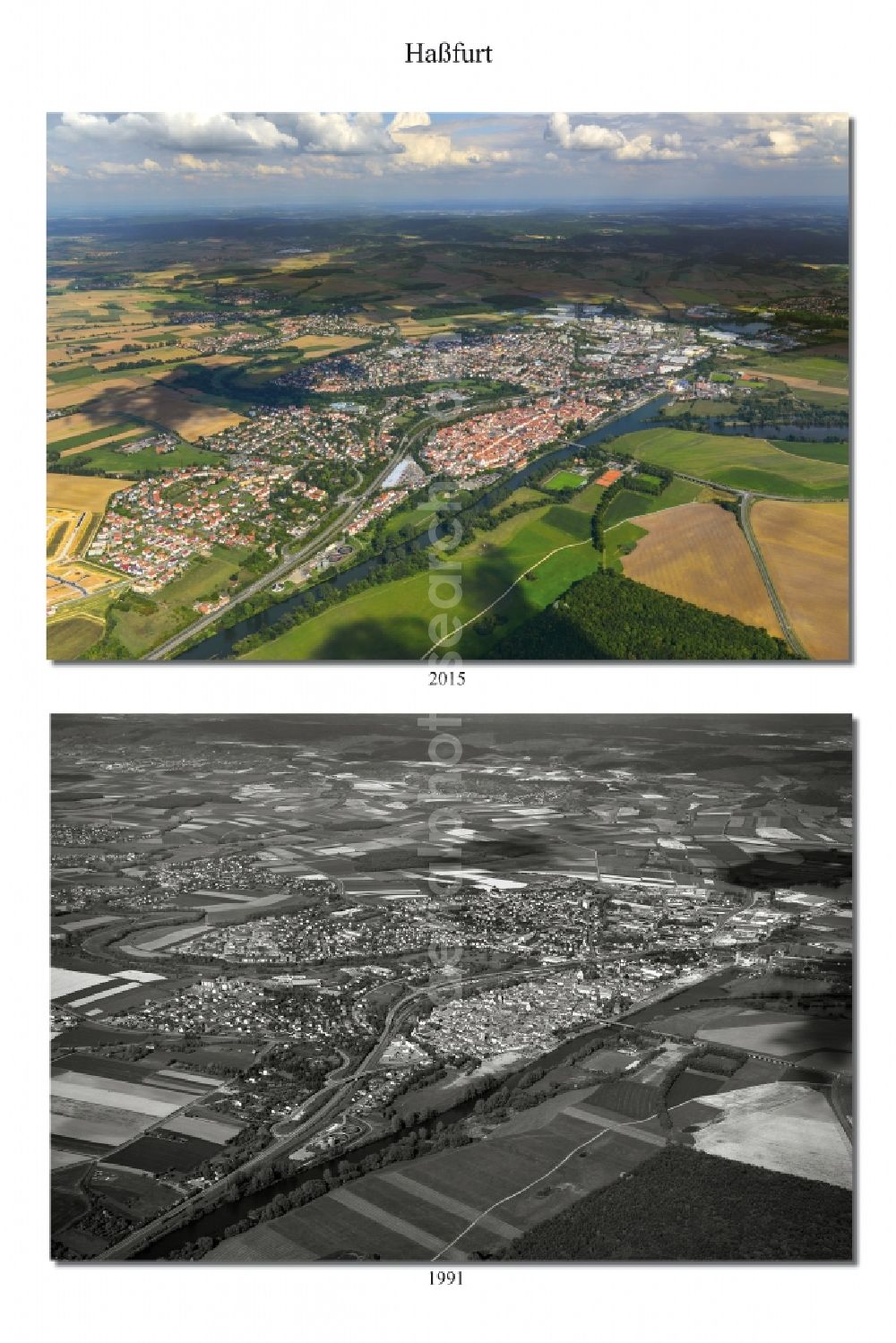 Haßfurt from the bird's eye view: 1991 and 2015 City - view change of Hassfurt in the state Bavaria