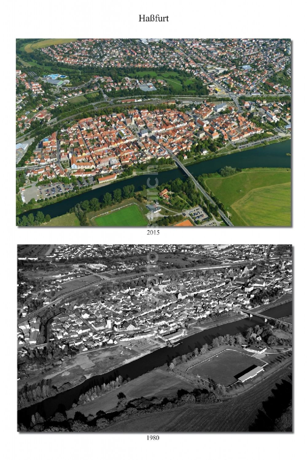 Aerial image Haßfurt - 1991 and 2015 City - view change of Hassfurt in the state Bavaria