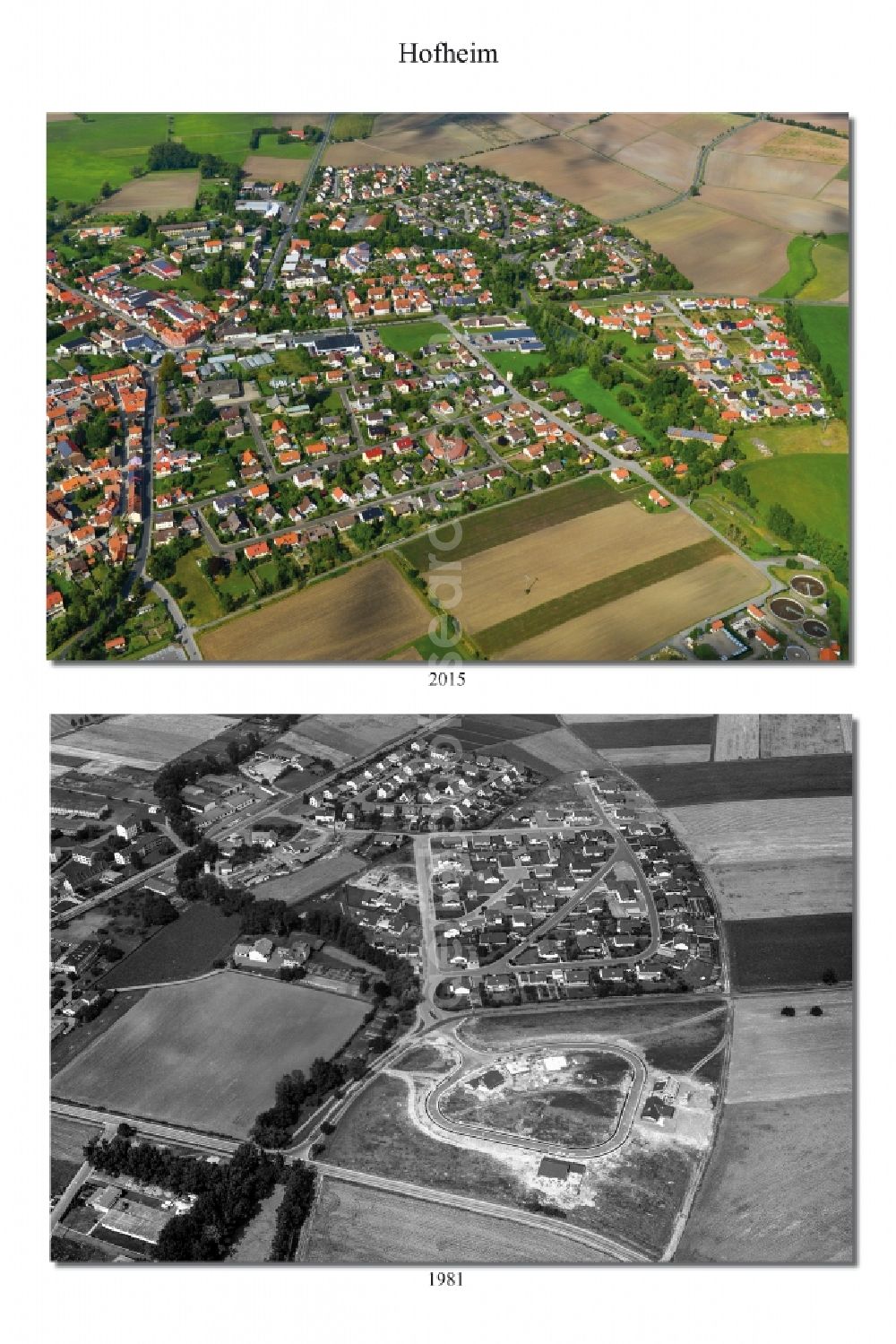 Hofheim in Unterfranken from the bird's eye view: 1981 and 2015 City - view change of Hofheim in Unterfranken in the state Bavaria