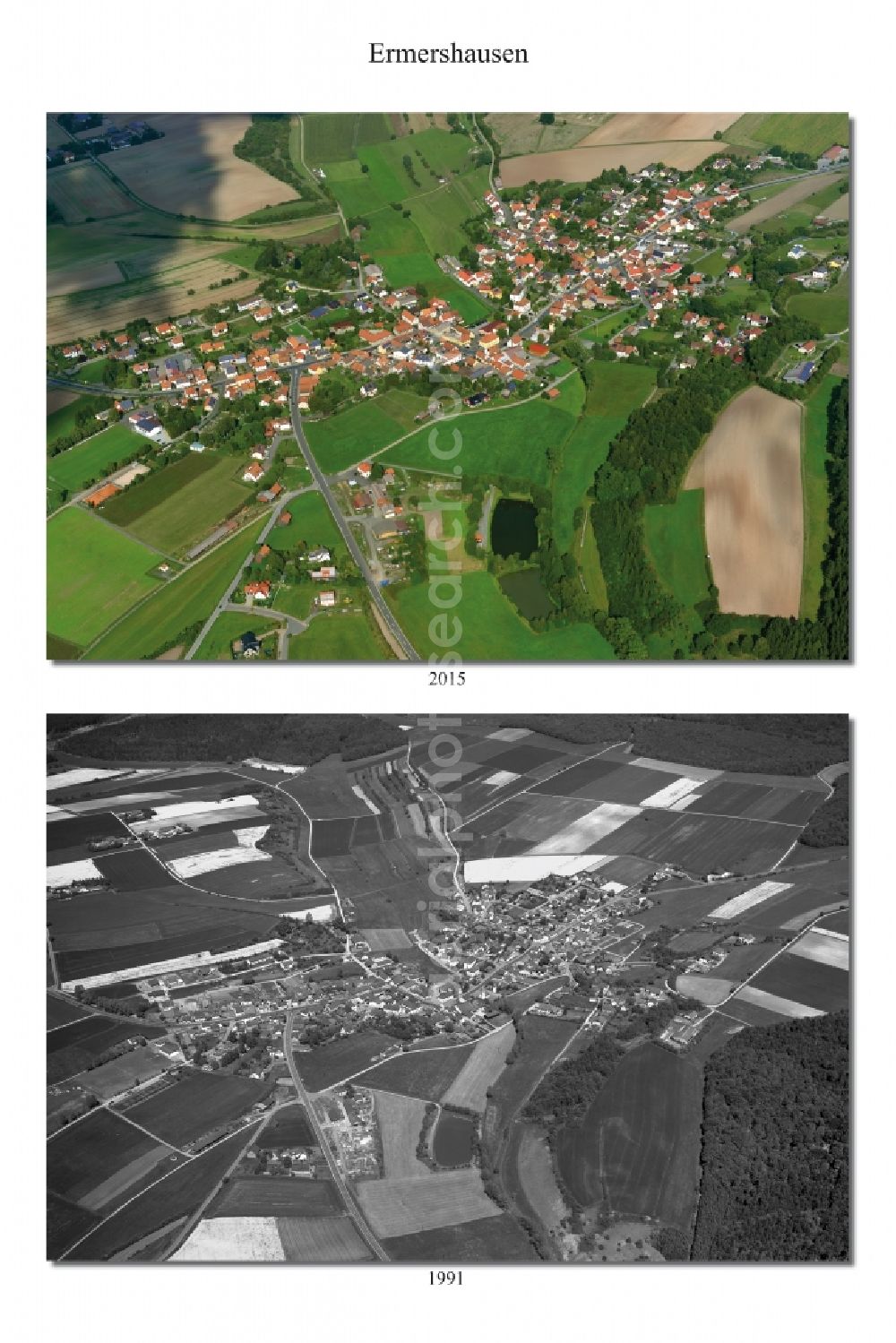 Aerial photograph Ermershausen - 1991 and 2015 village - view change of Ermershausen in the state Bavaria