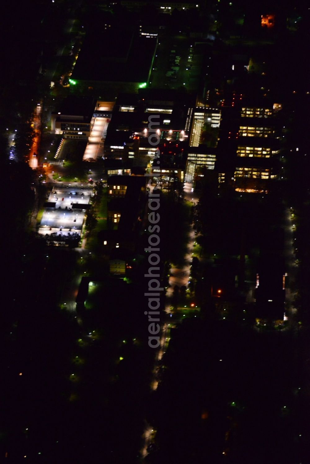 Berlin from above - Night image with a view over the Emergency Hospital at the Warener Strasse in the district Marzahn-Hellersdorf in Berlin