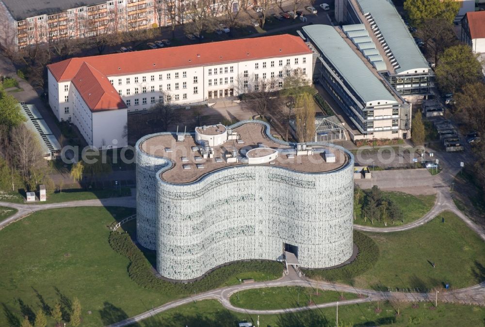 Cottbus from above - Central university library in the Information, Communication and Media Center at the campus of BTU Cottbus - Senftenberg in the state of Brandenburg