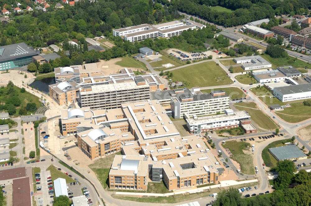 Greifswald from the bird's eye view: Blick auf das Universitätsklinikum / Krankenhaus / Klinik / Klinikum der Ernst-Moritz-Arndt-Universität Greifswald - Mecklenburg-Vorpommern MV. View onto the university hospital / medical center / centre Greifswald - Mecklenburg-Western Pomerania.