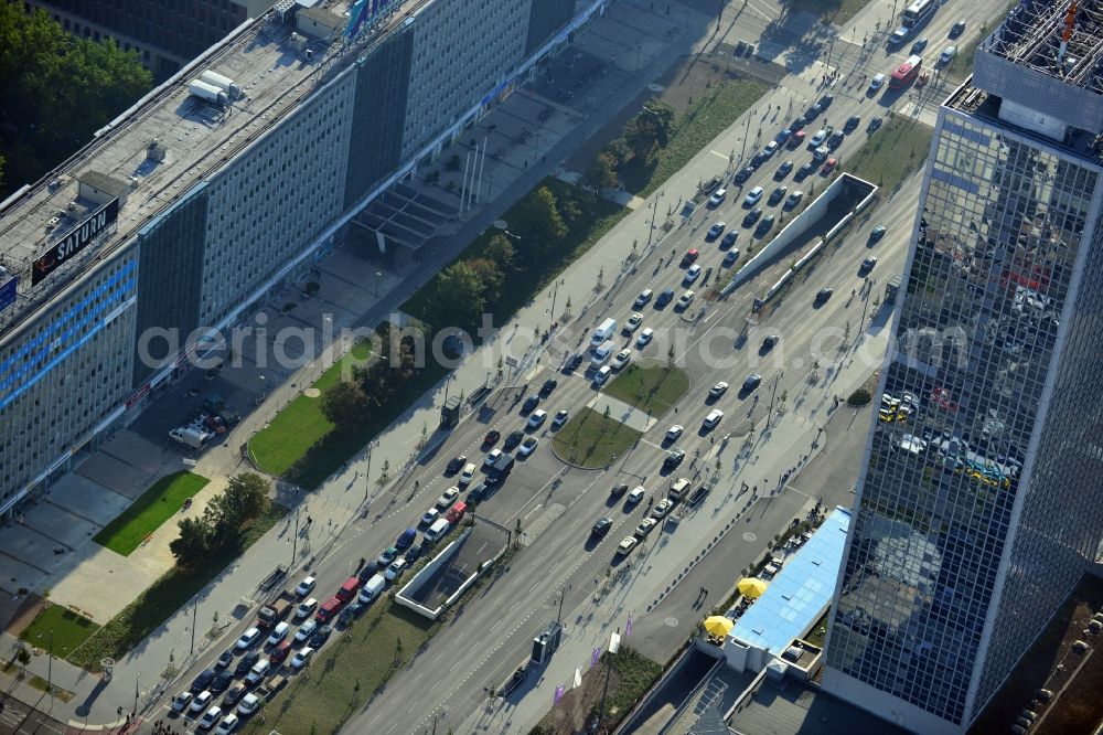 Berlin from the bird's eye view: View of the parking garage Alexan derstraße with the Park Inn and the head office of TLG Immobilien. The Park Inn Hotel at the Alexanderplatz is located opposite to the TV-Tower of Berlin