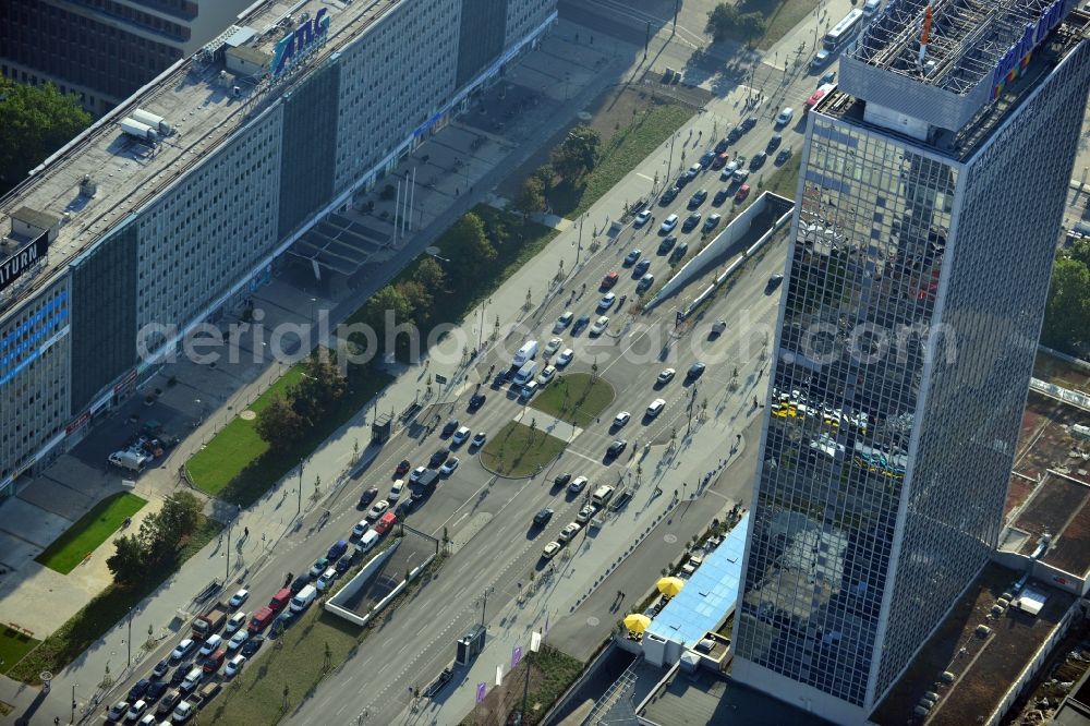 Aerial image Berlin - View of the parking garage Alexan derstraße with the Park Inn and the head office of TLG Immobilien. The Park Inn Hotel at the Alexanderplatz is located opposite to the TV-Tower of Berlin