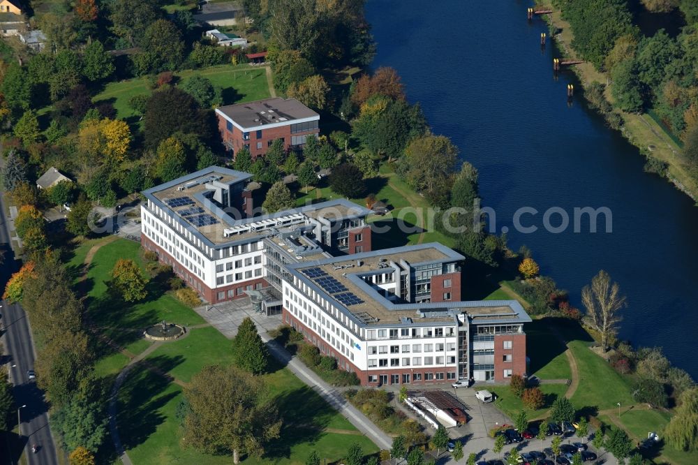 Fürstenwalde/Spree from above - Administration building of the company E.DIS AG on Langenwahler Strasse in Fuerstenwalde/Spree in the state Brandenburg, Germany