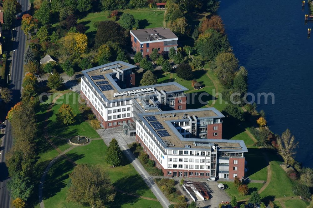 Fürstenwalde/Spree from the bird's eye view: Administration building of the company E.DIS AG on Langenwahler Strasse in Fuerstenwalde/Spree in the state Brandenburg, Germany