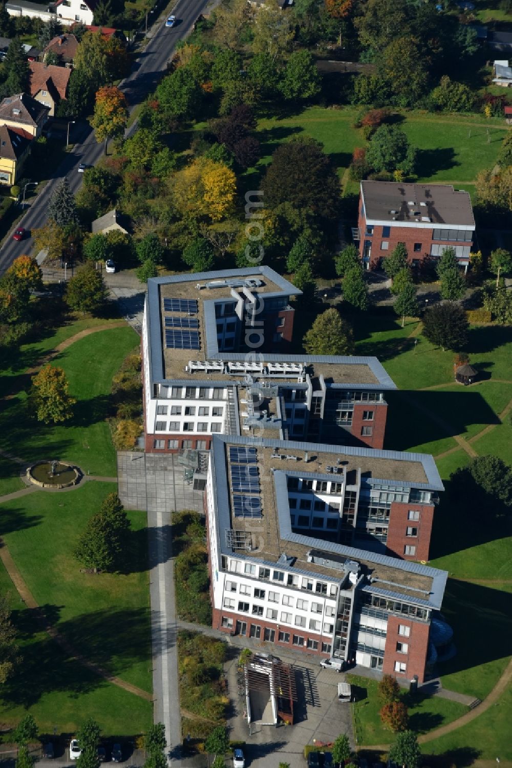 Aerial image Fürstenwalde/Spree - Administration building of the company E.DIS AG on Langenwahler Strasse in Fuerstenwalde/Spree in the state Brandenburg, Germany