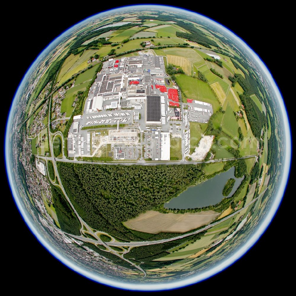 Rheda-Wiedenbrück from above - Fisheye view of the company Toennies Lebensmittel GmbH & Co. KG in Rheda-Wiedenbrueck in the state of North Rhine-Westphalia