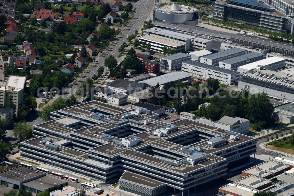 Ingolstadt from above - Administration building of the company of Audi AG on Hindemithstrasse corner Ettinger Strasse in Ingolstadt in the state Bavaria, Germany