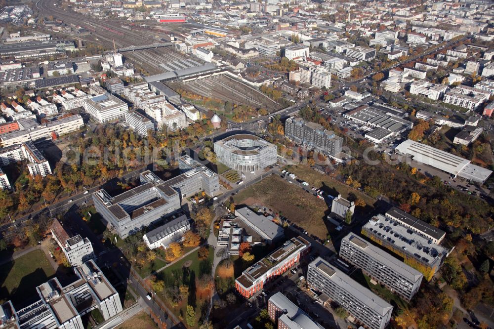 Darmstadt from the bird's eye view: Administration building of the company Deutsche Telekom - Future Campus on street Heinrich-Hertz-Strasse in Darmstadt in the state Hesse, Germany