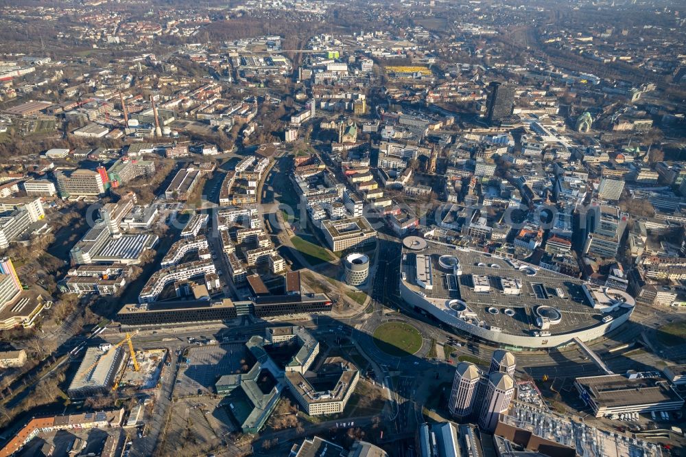 Essen from above - Administration building of the company of Funke Mediengruppe on Berliner Platz in Essen in the state North Rhine-Westphalia, Germany