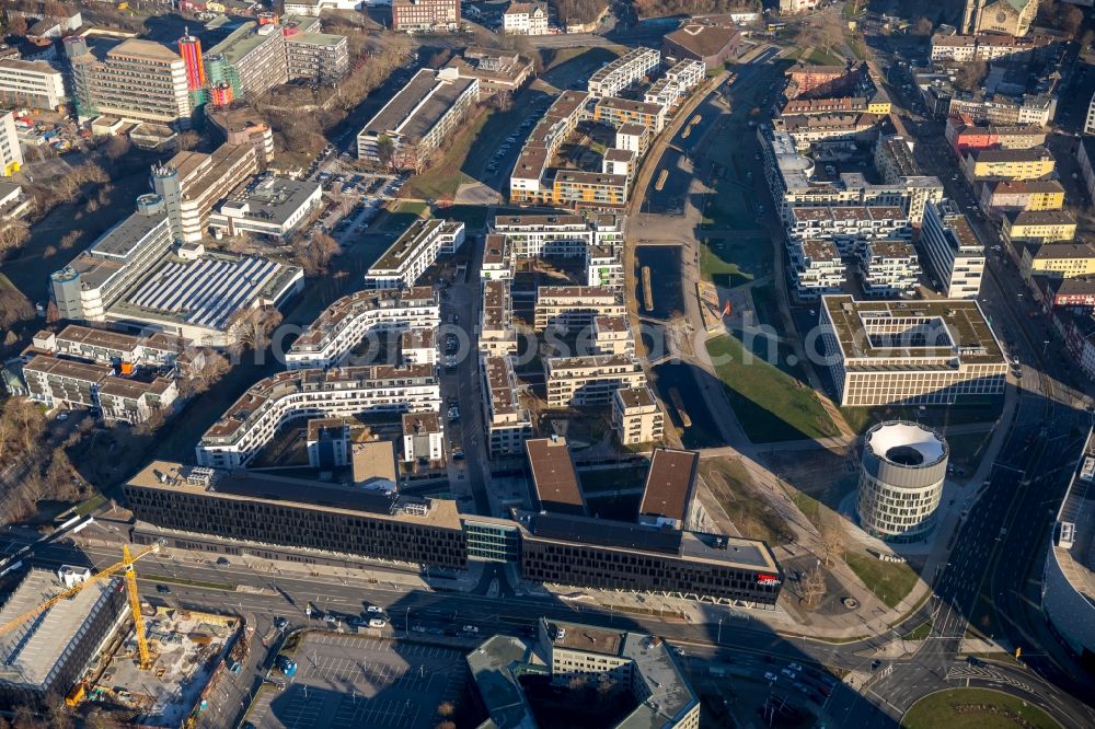 Essen from the bird's eye view: Administration building of the company of Funke Mediengruppe on Berliner Platz in Essen in the state North Rhine-Westphalia, Germany